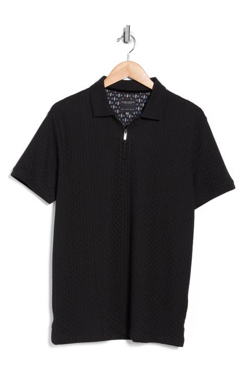 Textured Cotton Blend Quarter Zip Polo