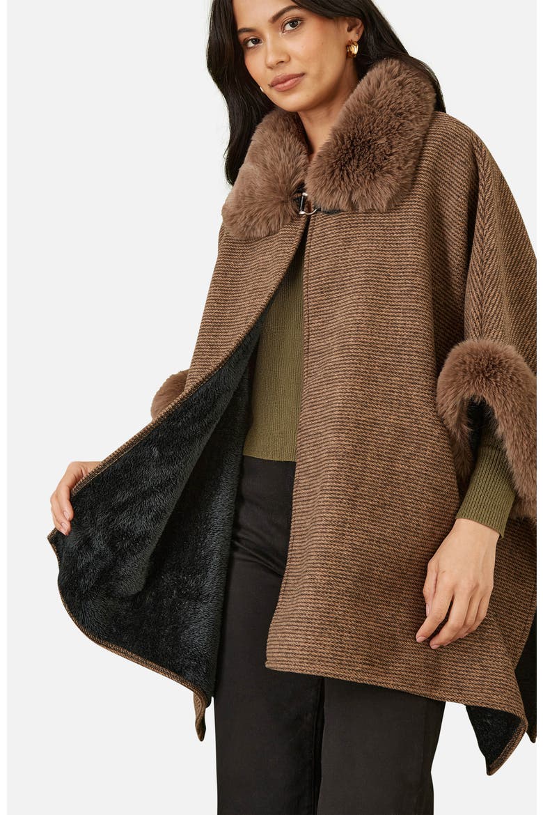Luxe Fur Collared Cape Jacket, Alternate, color, Brown