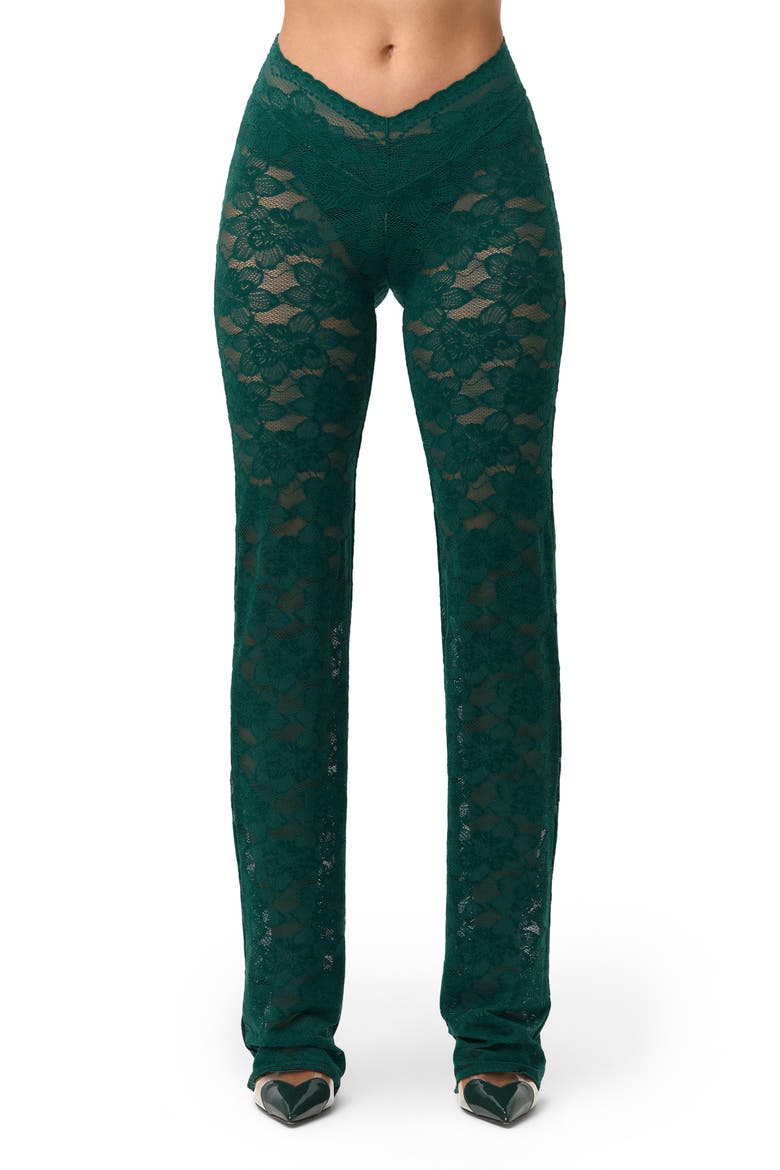 Sheer Lace V-Waist Pants, Main, color, PINE GREEN