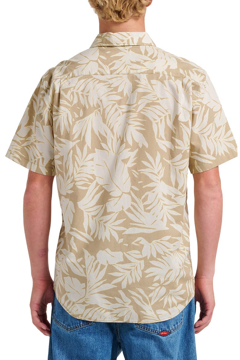 Palm Trip Classic Leaf Print Short Sleeve Cotton Button-Up Shirt, Alternate, color, TWILL