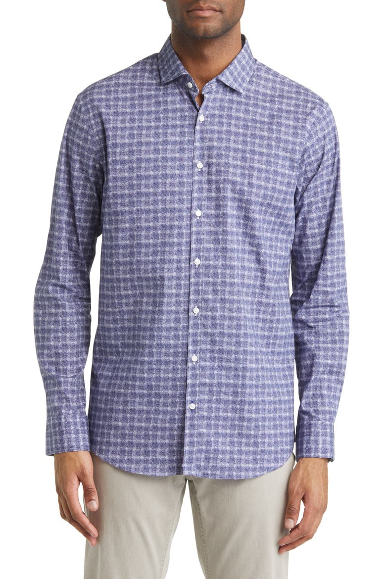 Harold Check Hi Flex Stretch Cotton Button-Up Shirt, Main, color, BLUE