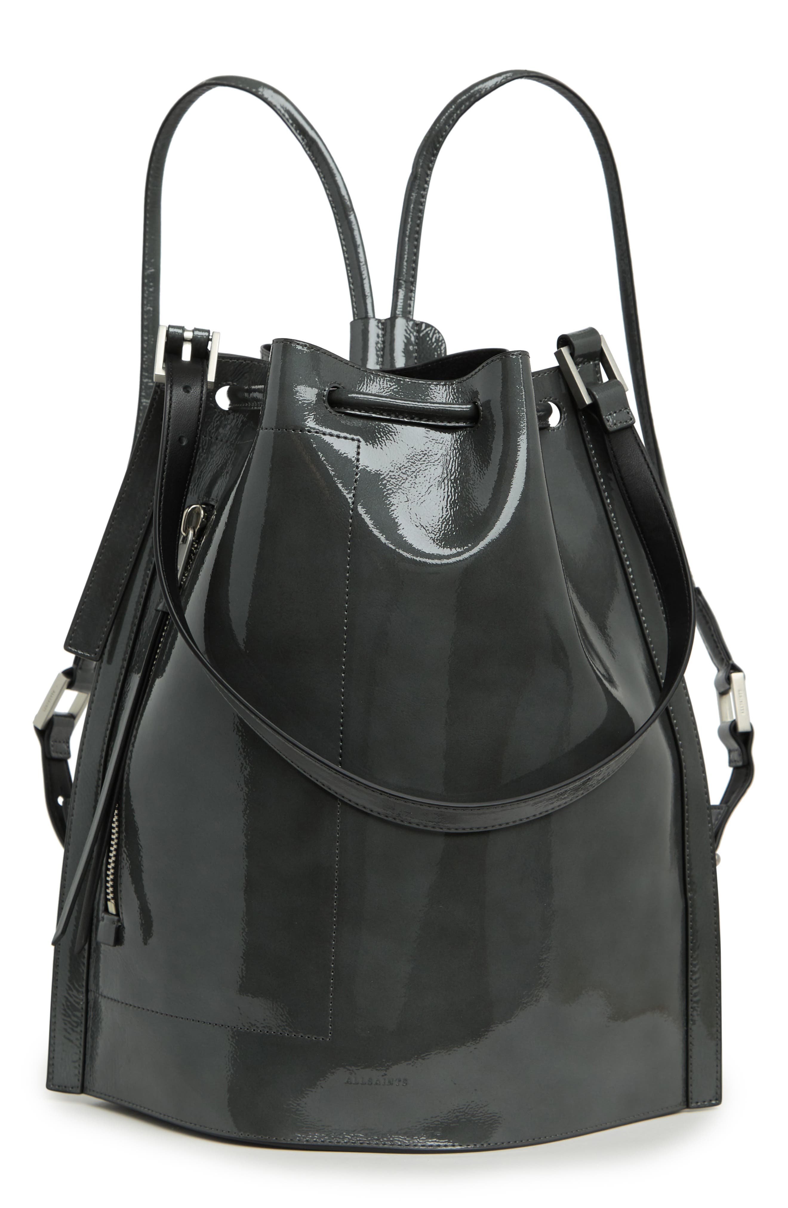 AllSaints Alpha S Patent Leather Backpack, Main, color, 