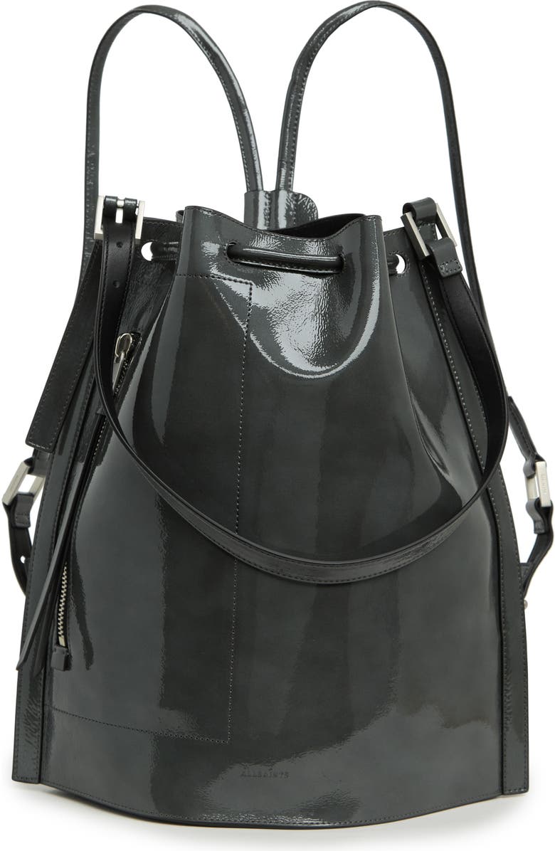 AllSaints Alpha S Patent Leather Backpack, Main, color,