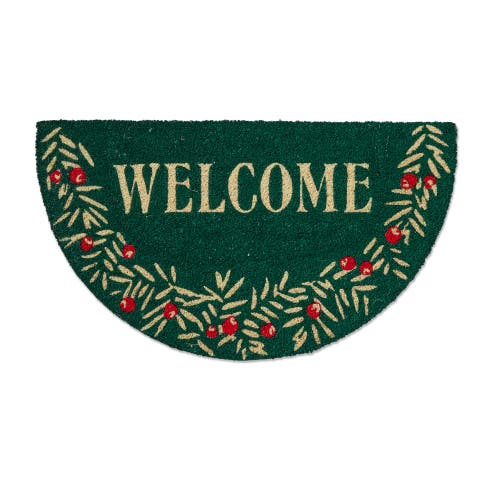 Tag Welcome Sprig Shaped Pvc Coir Door Mat Natural Christmas In Green