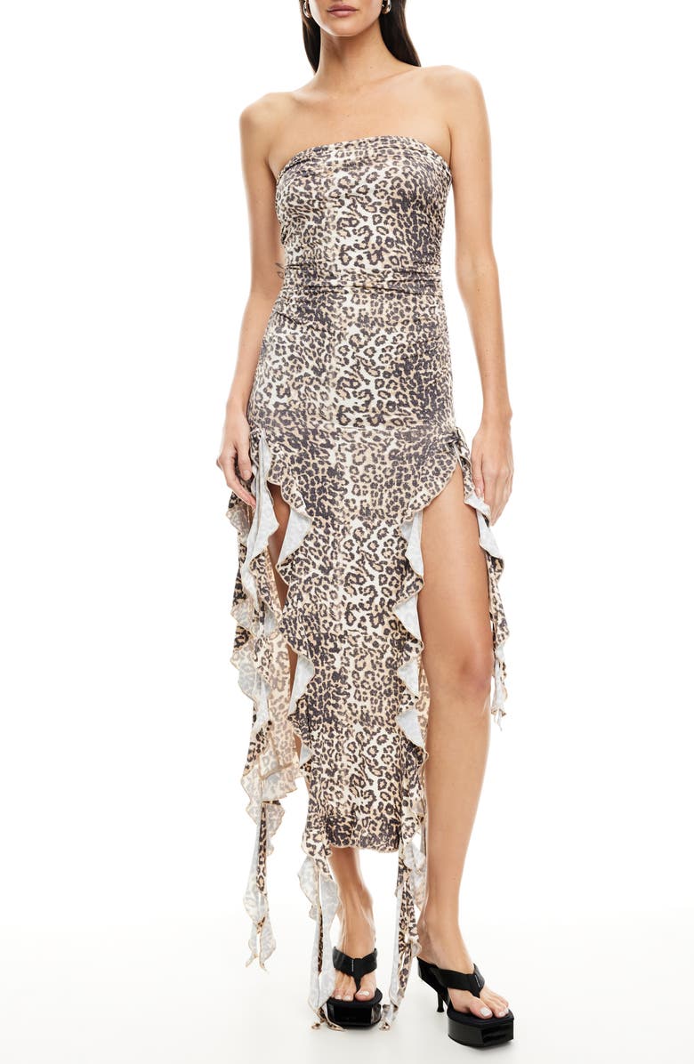 LIONESS Rendezvous Print Ruffle Strapless Maxi Dress, Main, color, 