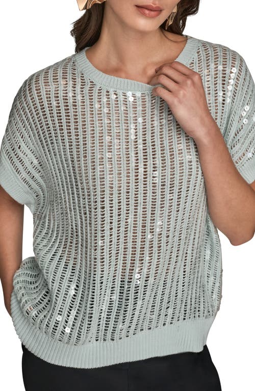 Donna Karan New York Sequin Open Stitch Short Sleeve Sweater In Gray