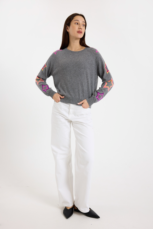 Brodie Pure Cashmere Pop Star Sleeve Crew Neck Jumper In Gray