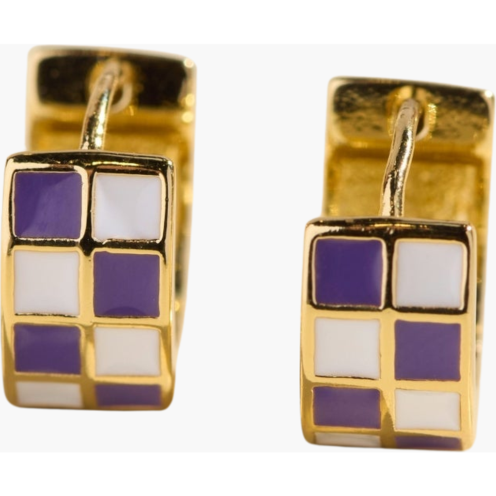 Nickel & Suede Checkered Enamel Huggies