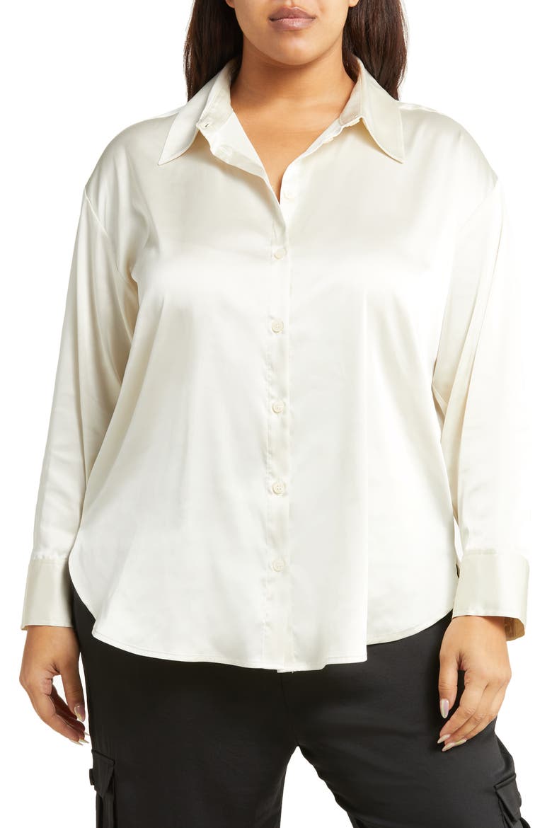 High-Low Satin Button-Up Shirt, Main, color, IVORY DOVE