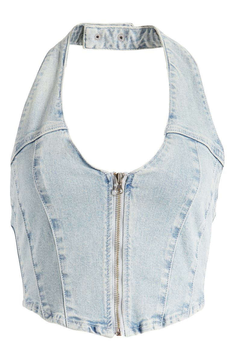 PacSun Corset Denim Crop Halter Top, Alternate, color, Hazy Blue Indigo