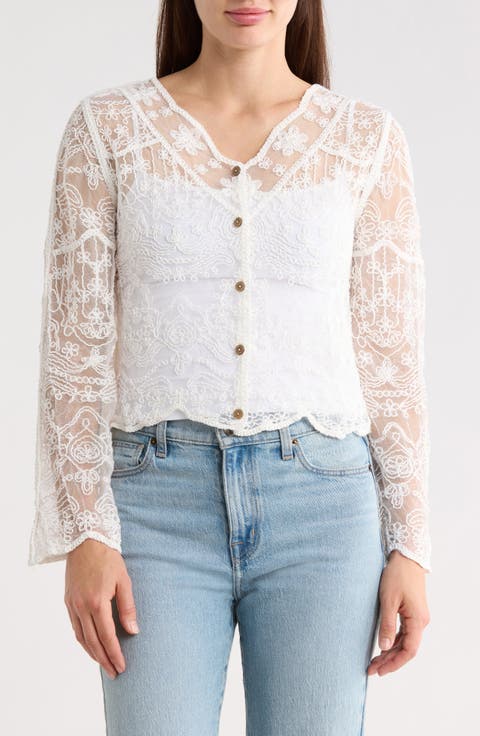 Embroidered Mesh Long Sleeve Top