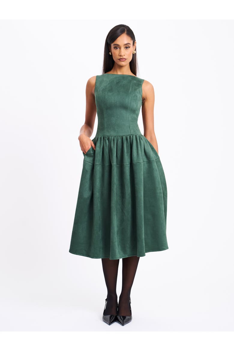 Laila Suede Boat Neck Backless Midi Dress, Main, color, Green