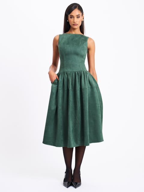 Laila Suede Boat Neck Backless Midi Dress