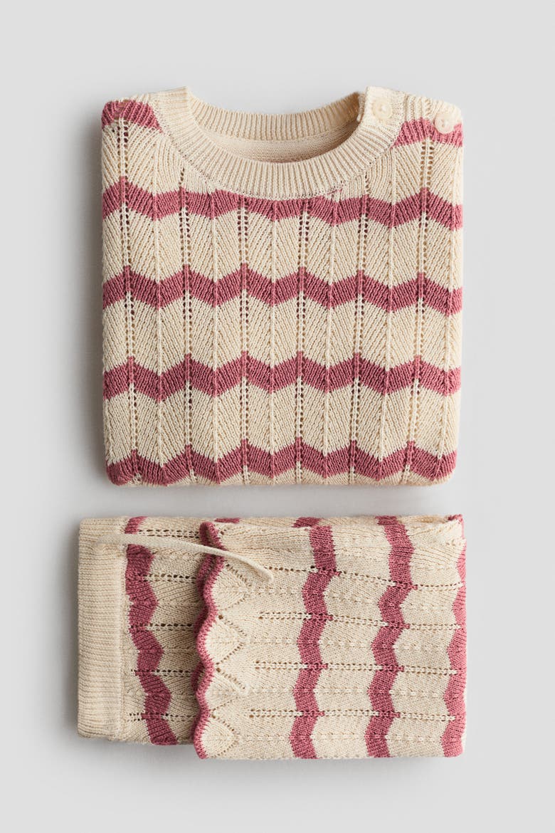 2-piece Pointelle-knit Cotton Set, Alternate, color, Light beige/pink striped