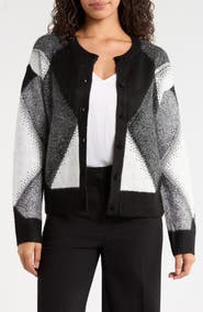 Vince Camuto Argyle Button Front Cardigan With Rhinestones