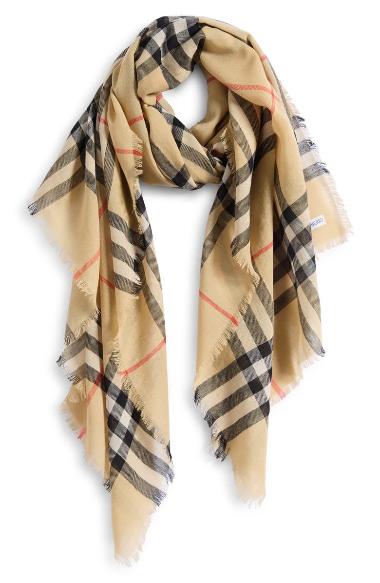 Burberry Check Wool Scarf, Alternate, color, Sand