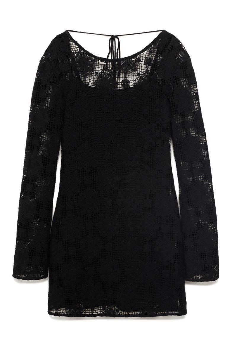 Long Sleeve Open Stitch Minidress, Alternate, color, BLACK
