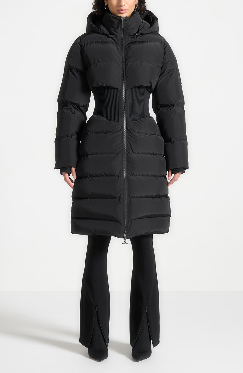 Manière De Voir Mira Corset Detail Longline Puffer Coat, Alternate, color, Black