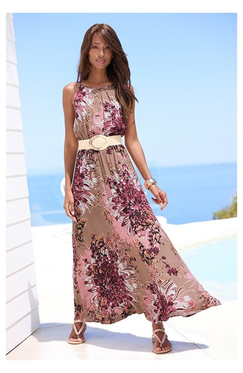 LASCANA Women's High Neck Sleeveless Maxi Dress, Alternate, color, Taupe Berry