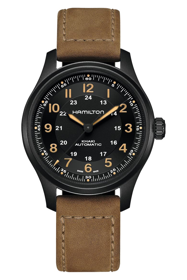 Khaki Field Titanium Automatic Leather Bracelet Watch, 42mm, Main, color, BLACK