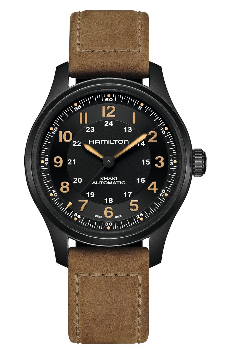 Hamilton Khaki Field Titanium Automatic Leather Bracelet Watch, 42mm, Main, color, Black