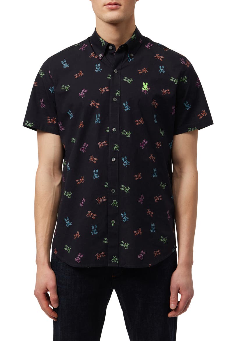 Bunny Print Stretch Short Sleeve Button-Down Shirt, Main, color, BLACK