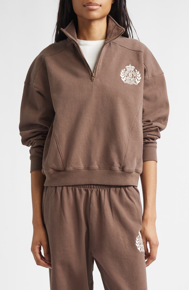 Sporty & Rich NY Crest Embroidered Half Zip Fleece Sweatshirt, Main, color, Chocolate