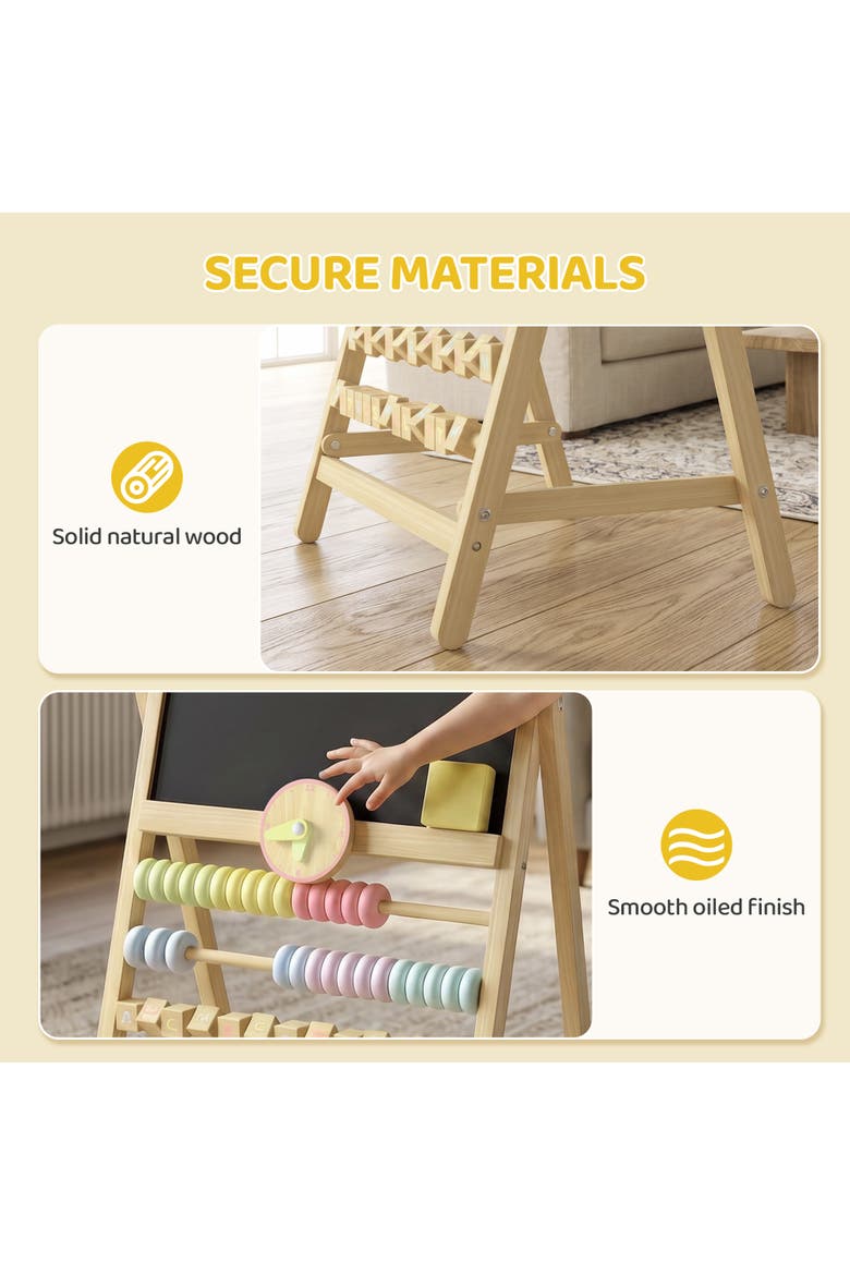 Kids Wooden Art Easel, Double-Sided Chalkboard, Clock & Abacus, Natural, Alternate, color, Natural wood finish