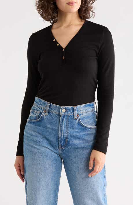 Renee C V-Neck Long Sleeve Crop Henley Top