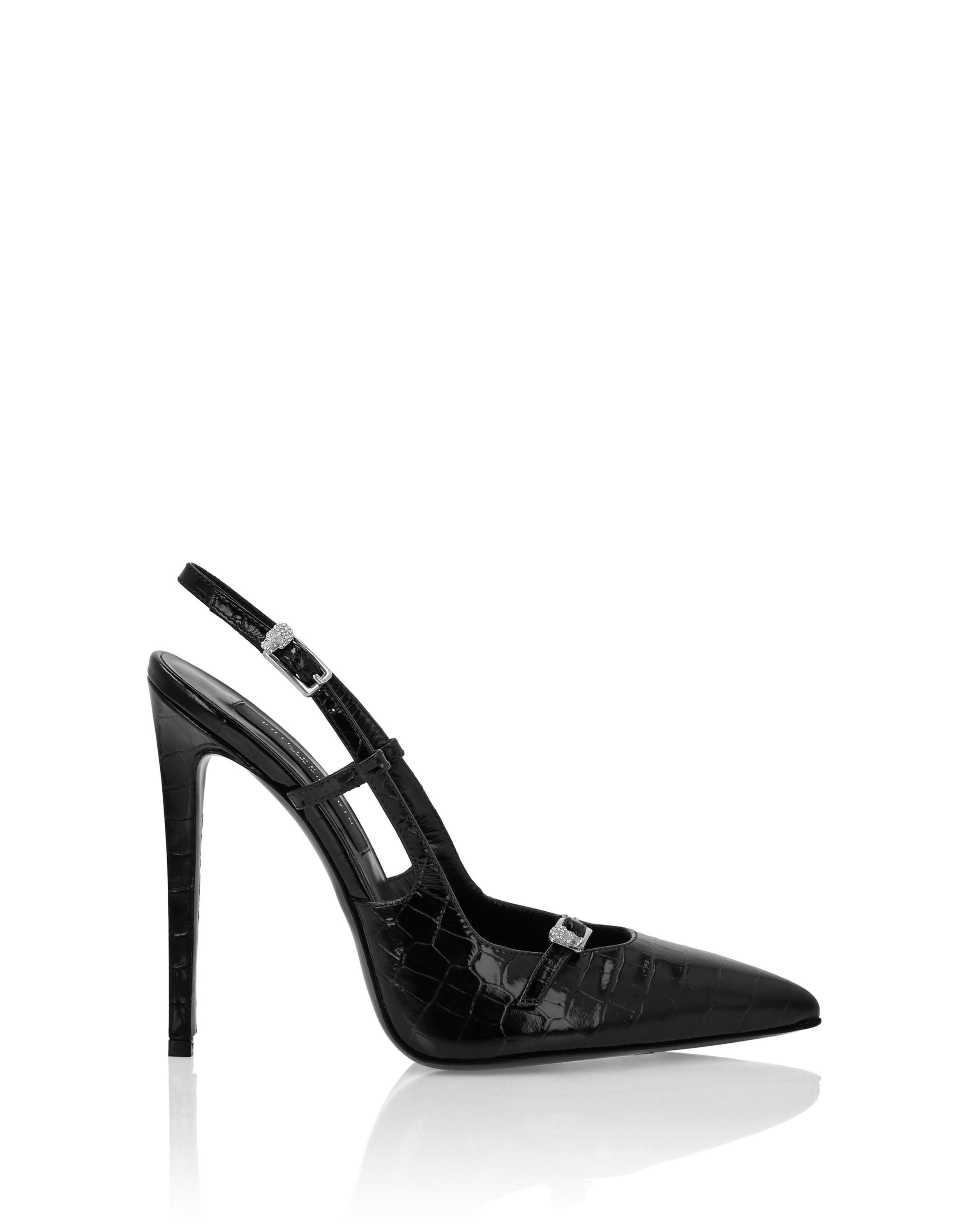 Slingback High Heels Crocco Print Buckle Skull Women, Alternate, color, black