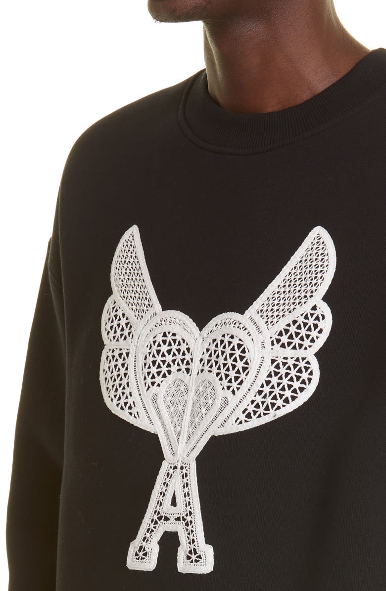 AMI Paris Mattiussi Lace Logo Stretch Cotton Sweatshirt, Alternate, color, Fleece Black