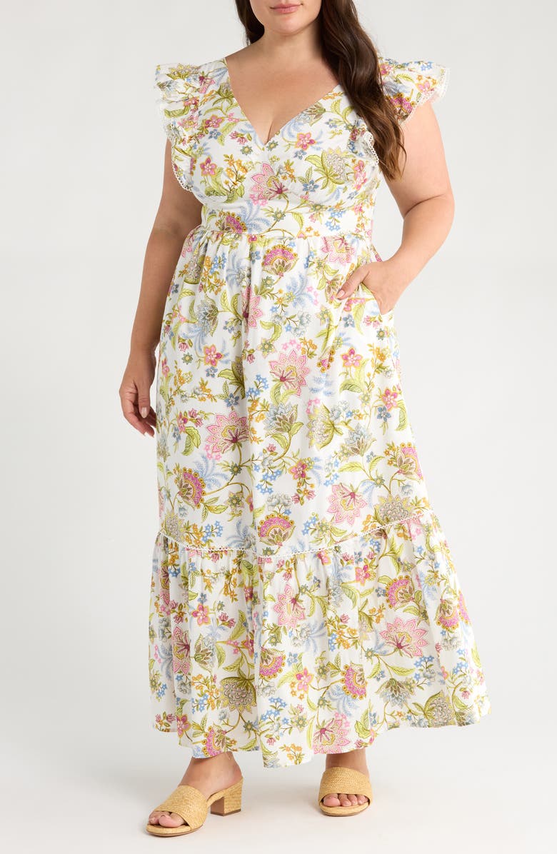 SUGARLIPS Pany Floral Mawar Ruffle Sleeve Cotton Maxi Dress, Main, color, Ivory/ Pink/ Green/ Blue