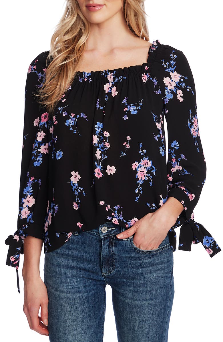 CeCe Watercolor Daisies Square Neck Tie Cuff Crepe Top, Main, color,