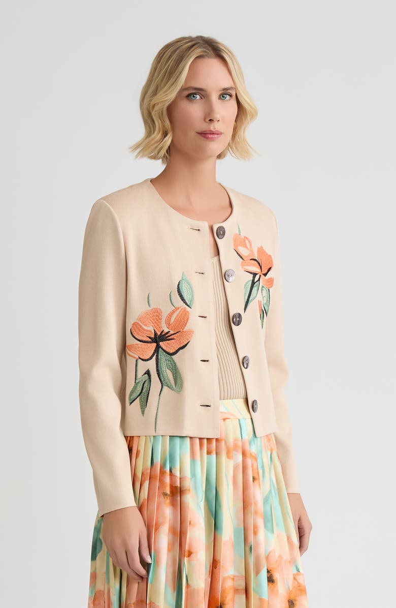 Misook Heritage Floral Embroidered Flat Knit Cardigan, Alternate, color, Biscotti/Mystic Green