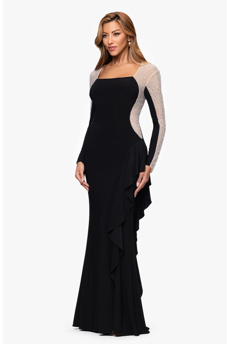 Beaded Long Sleeve Mermaid Gown, Alternate, color, BLACK/ BEIGE/ SILVER