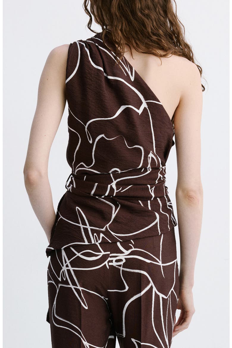 Print One-Shoulder Tie Waist Top, Alternate, color, BROWN