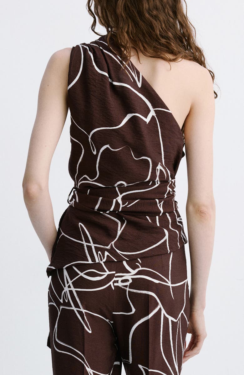 MANGO Print One-Shoulder Tie Waist Top, Alternate, color, Brown