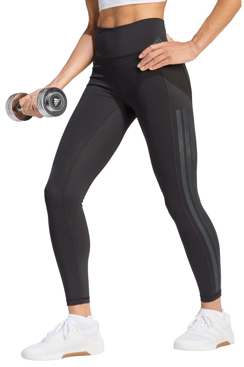 Optime Training 3-Stripes 7/8 High Waist Leggings, Main, color, BLACK