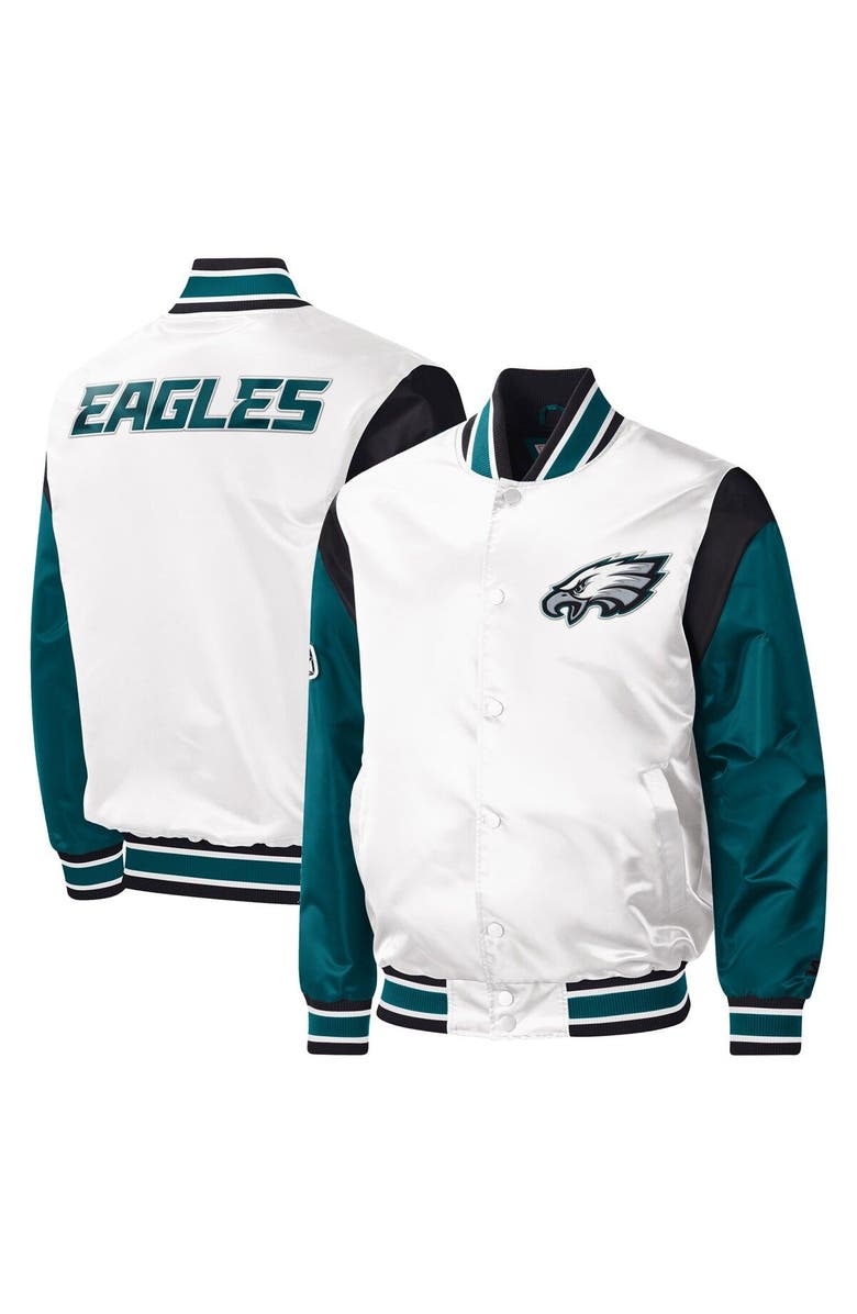 STARTER Men's Starter White Philadelphia Eagles Throwback Warm Up Pitch Satin Full-Snap Varsity Jacket, Alternate, color, 