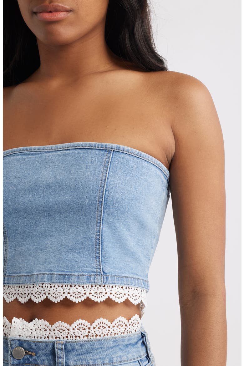 Misty Lace Trim Strapless Denim Top, Alternate, color, LIGHT WASH