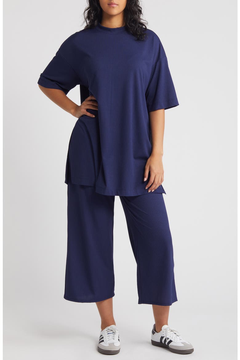 Lex Rib Oversize T-Shirt & High Waist Crop Pants, Main, color, MIDNIGHT BLUE