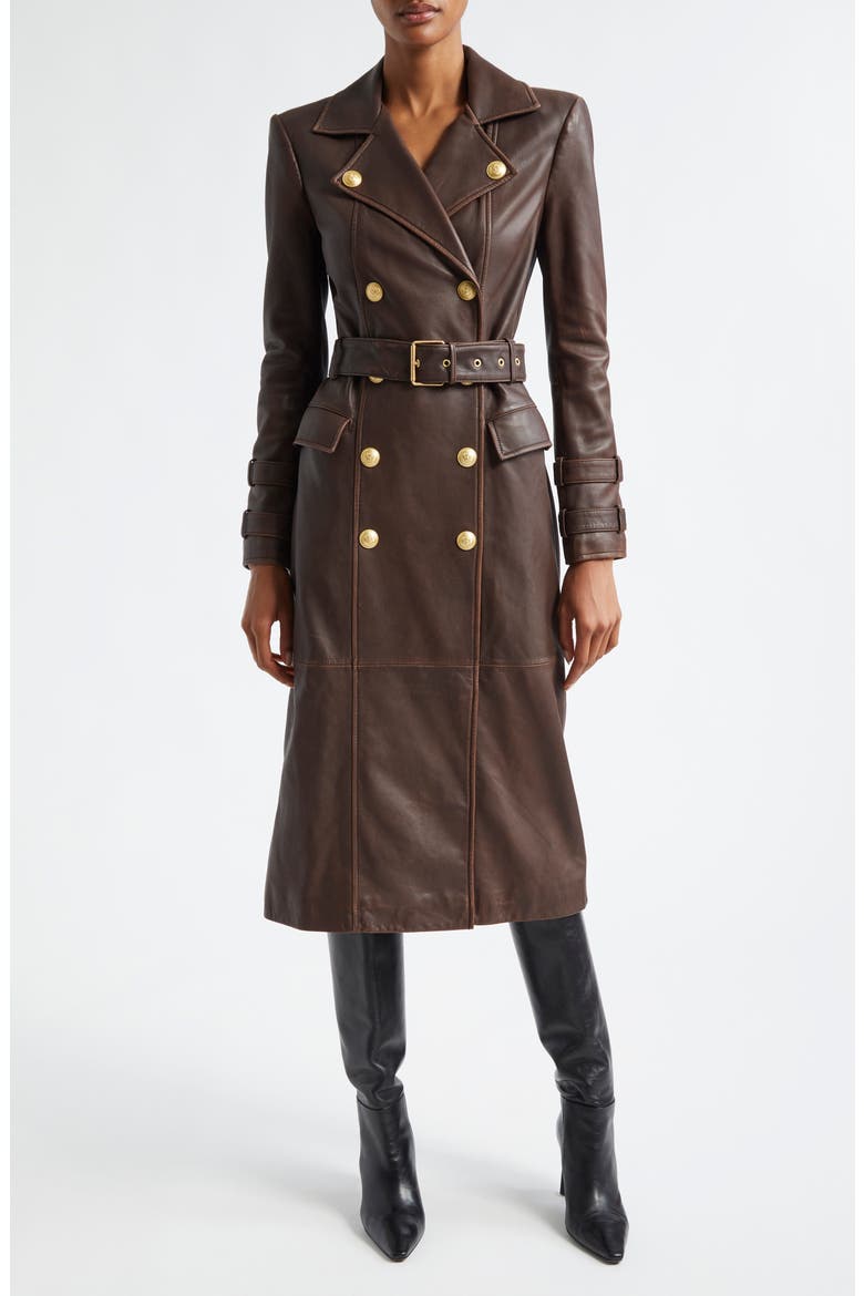 Celina Double Breasted Leather Trench Coat, Main, color, CHOCOLATE