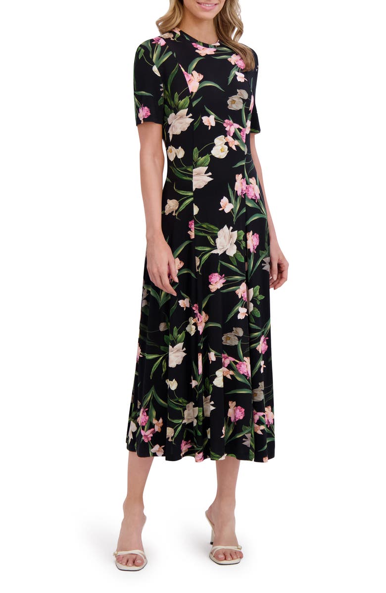 Ted Baker Floral Print Jersey Midi Dress, Main, color, Rich Black
