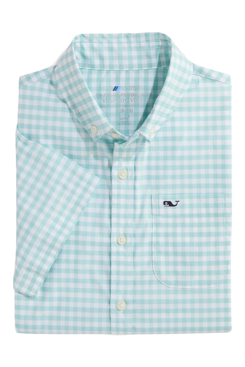 Kids' On-The-Go brrr° Short Sleeve Cotton Button-Down Shirt, Alternate, color, AQUA HAZE GINGHAM