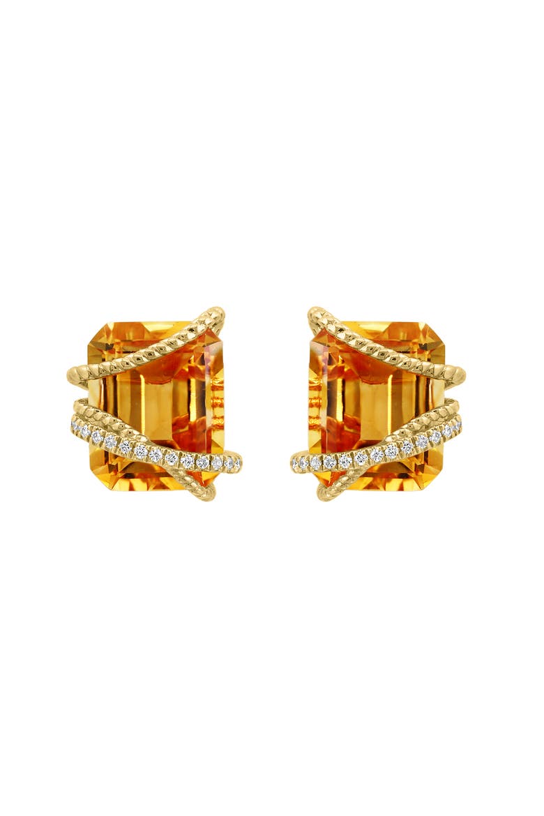 14K Yellow Gold Emerald Cut Citrine Wrap Diamond  Earrings, Main, color, 14K Gold