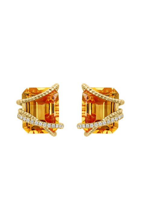 14K Yellow Gold Emerald Cut Citrine Wrap Diamond  Earrings