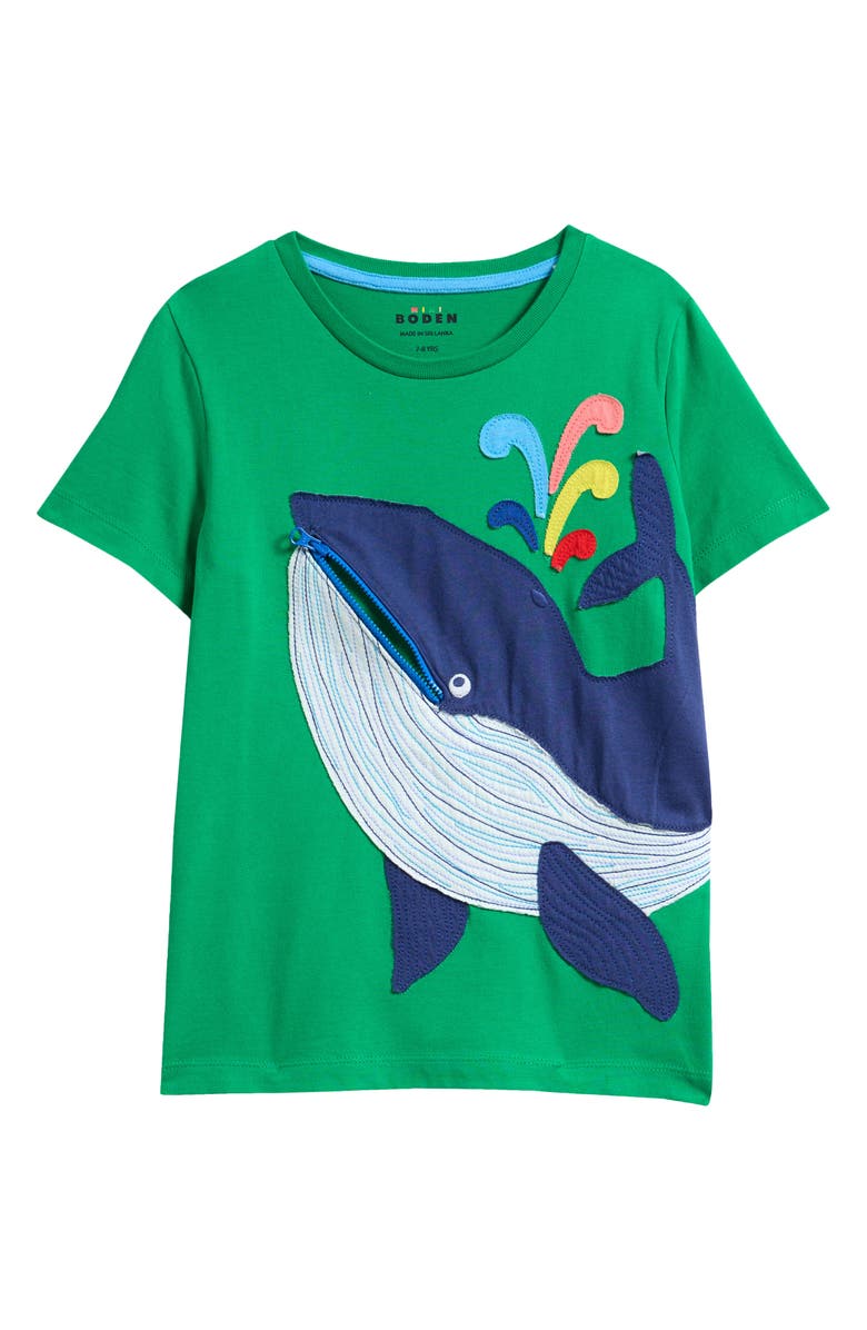 Mini Boden Kids' Zippered Whale Appliqué Cotton T-Shirt, Alternate, color, 