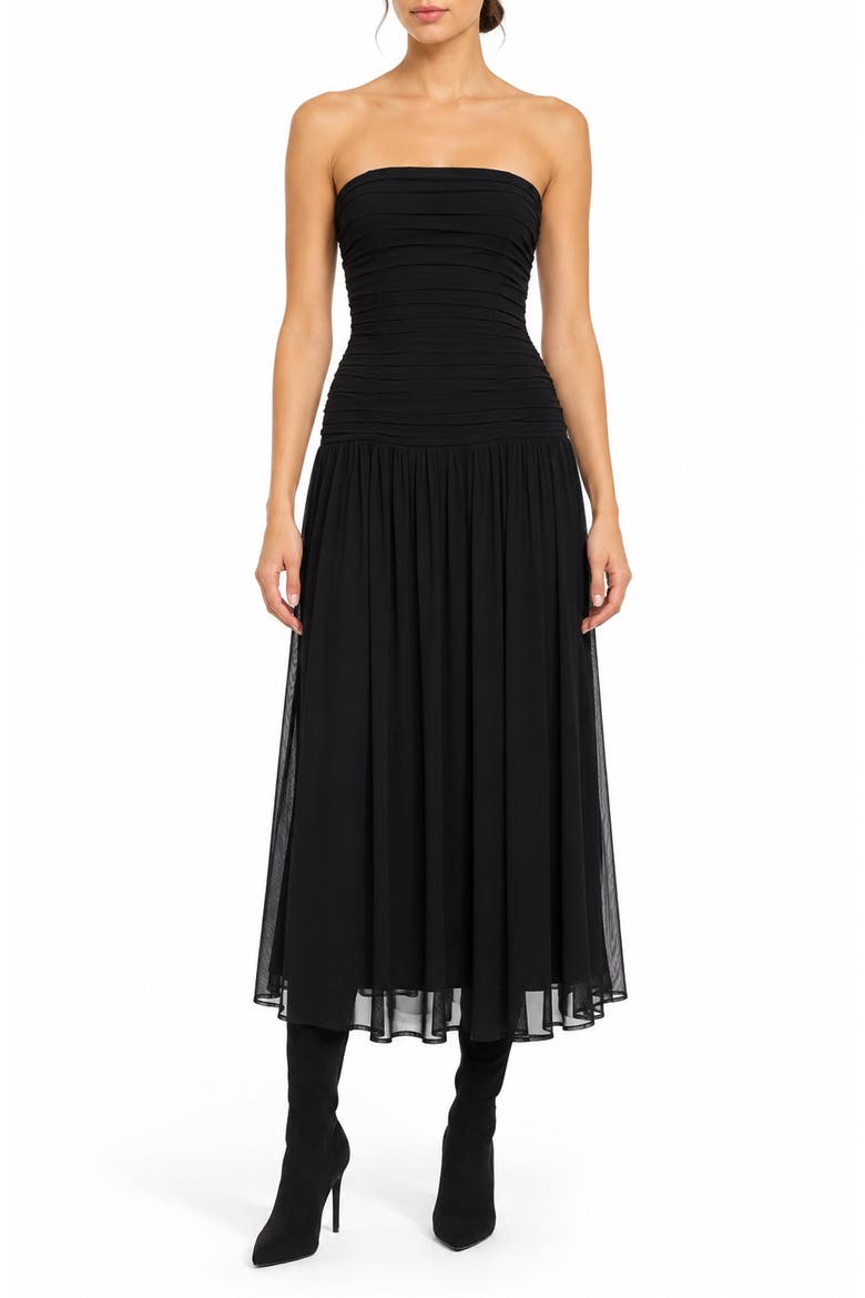 Strapless Mesh Midi Dress, Main, color, VERY BLACK