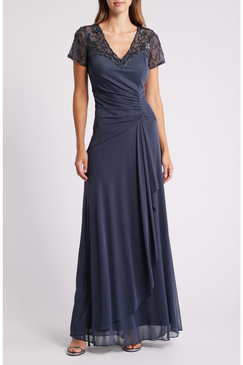 Beaded Short Sleeve Ruched Gown, Main, color, CHARCOAL BLUE