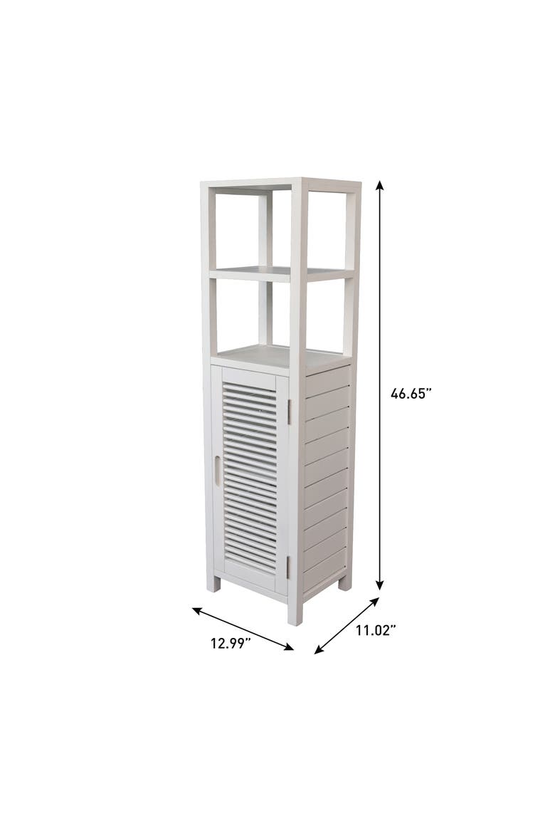 Solstice Handcrafted Pine Wood Bathroom Freestanding Floor Storage Cabinet with Louvered Door and 3-Tier Open Shelves, Alternate, color, White